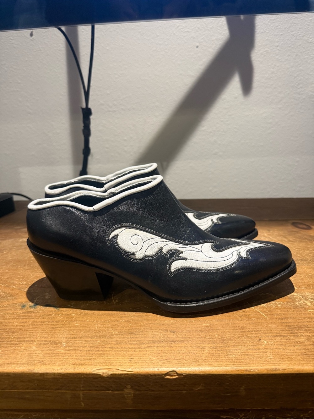 John Fluevog Black and White Western-Inspired Heeled Slip-On Shoes